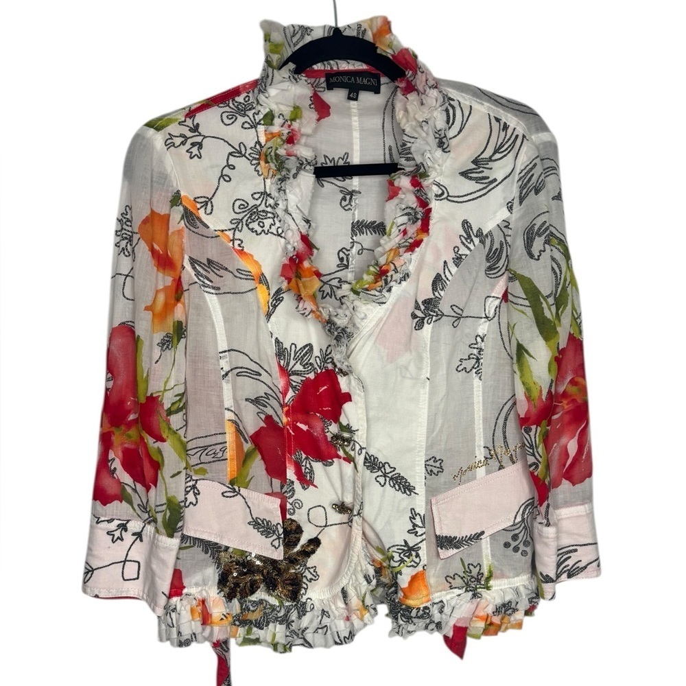 Monica Magni Italian Designer Lightweight Cotton Floral Ruffle Blouse Jacket 48